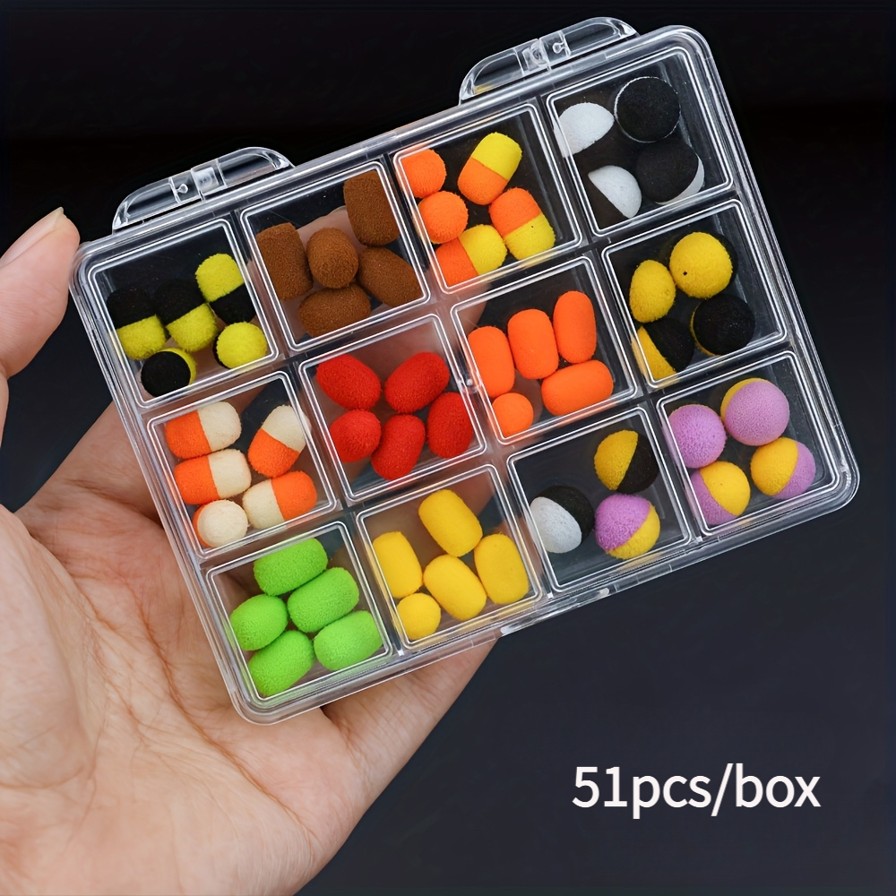 Box Of 51pcs Of Cylindrical And Round Foam Boilies For Carp Fishing, Including , Soft Bait, Zig Rigs, Hair Rigs, Hooks, And Terminal Tackle Random