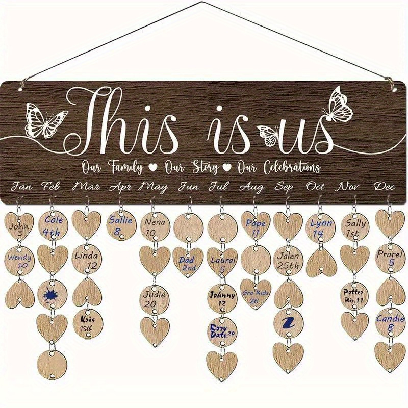 TEMU 2d Flat, 1 Set Of Wooden Reminder Calendar Board, "" Pattern Wall Hanging Decoration, With 50 Round And Heart-shaped Pendants, Family Birthday