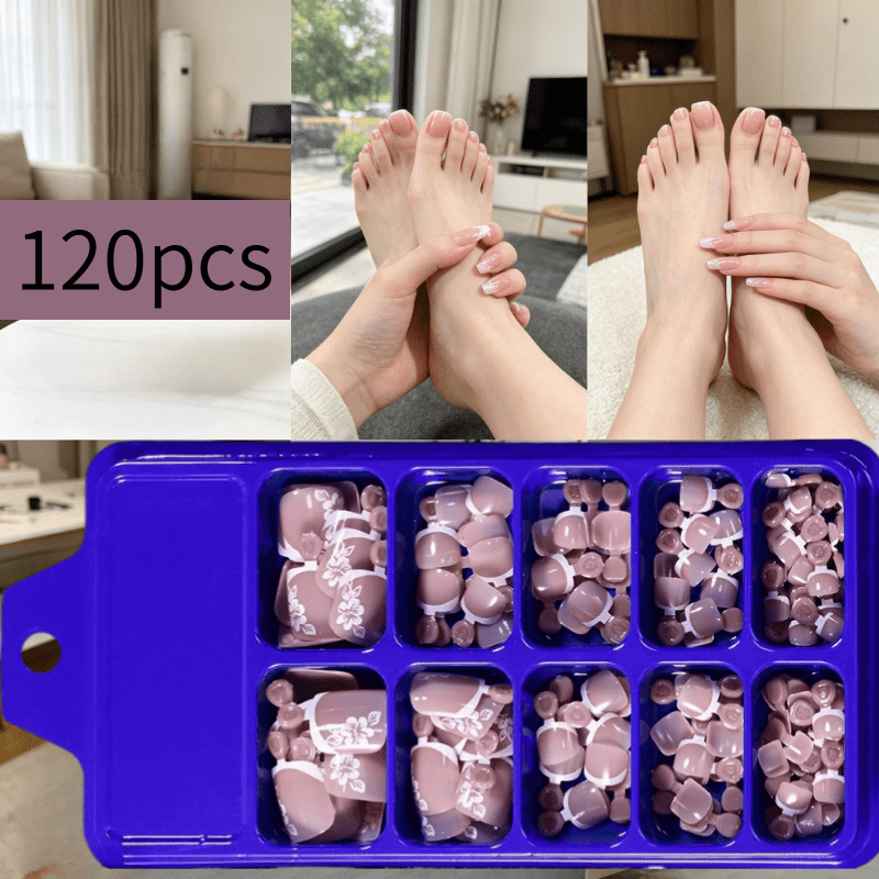 TEMU 120pcs Printed Nude -on Toenail Set, Short Square 3d Printed Toenail Wearer With White Flower Print Pattern, Full Coverage Nude Press-on Toenail