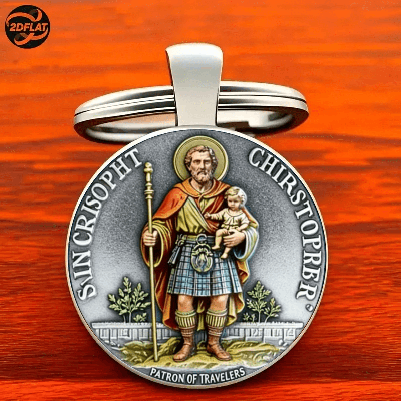 TEMU 2d Flat Vintage Religious Style Saint Christopher Keychain, Fashionable Decoration For Men And Women, Bag And Car Key Decoration, Suitable For