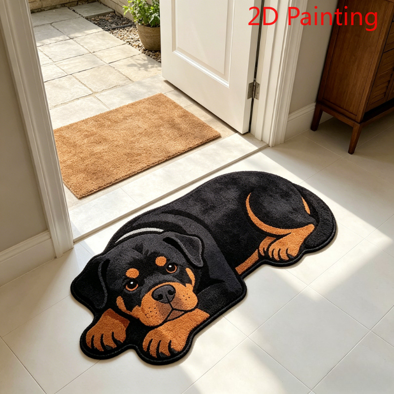 TEMU 1pc 2d Painting Rug, Imitation Cashmere-like Imitation Cashmere 900g + 9mm, Cute And Creative Rottweiler Plush Rug, Irregular Shape, For Bedroom