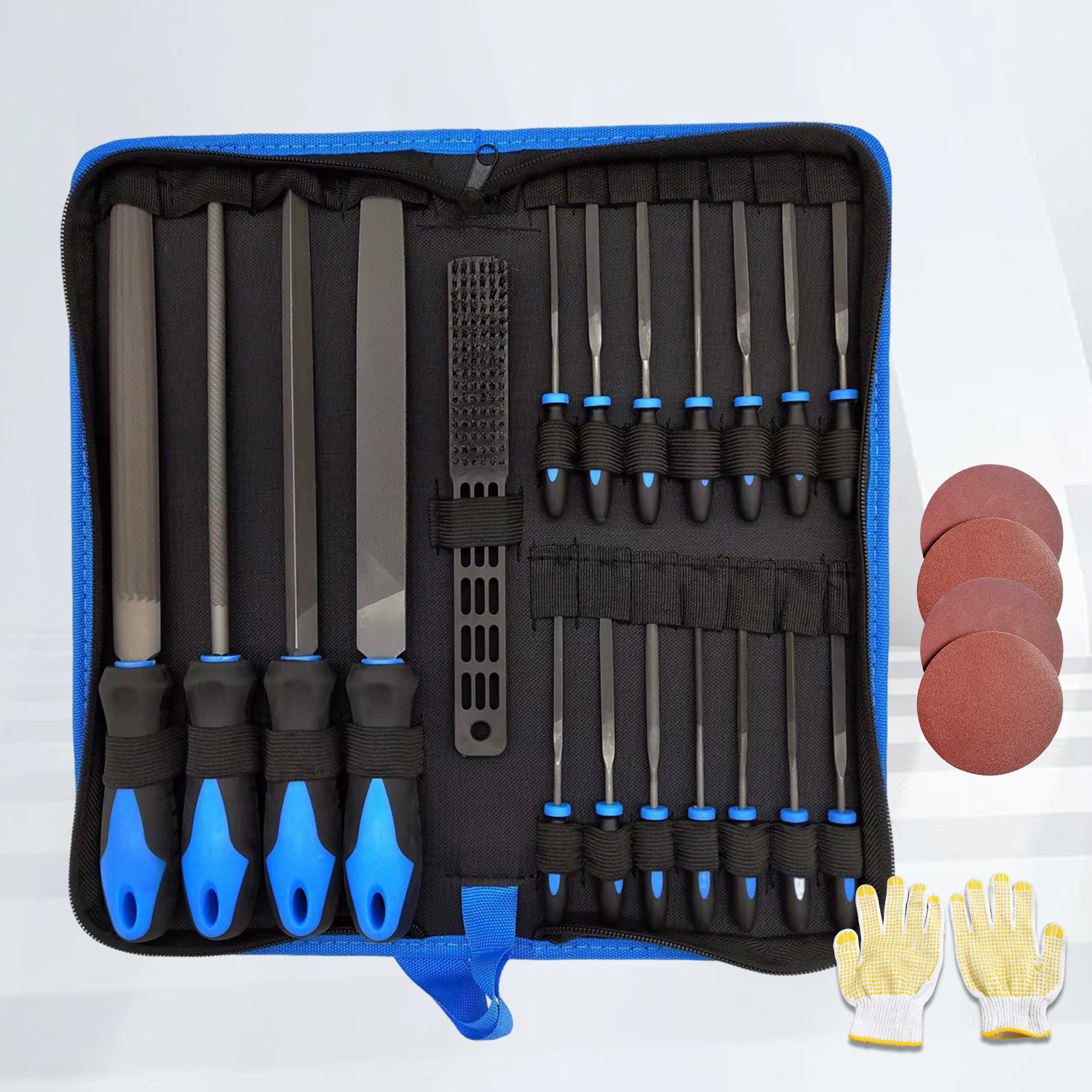 19pcs carbon steel file tool set with brush glove and four sandpapers metal files   flat   semicircular file   file suitable for chipping deburring edge softening and 3d print finishing Product details 0