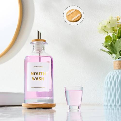 glass mouthwash dispenser with holder spouts refillable bottle reusable funnel suitable for bathroom suitable for bathroom refillable cups standing mouthwash containeer