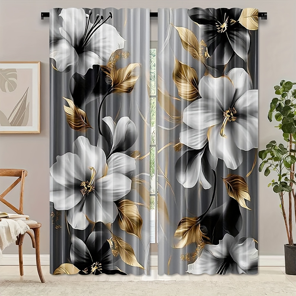 TEMU 2d Flat, 2pcs Set Of 2d Printed Curtains, 55x150cm / 21.65x59 Inches, Elegant Black, Gray, And Golden Floral Print - Modern Polyester Curtains