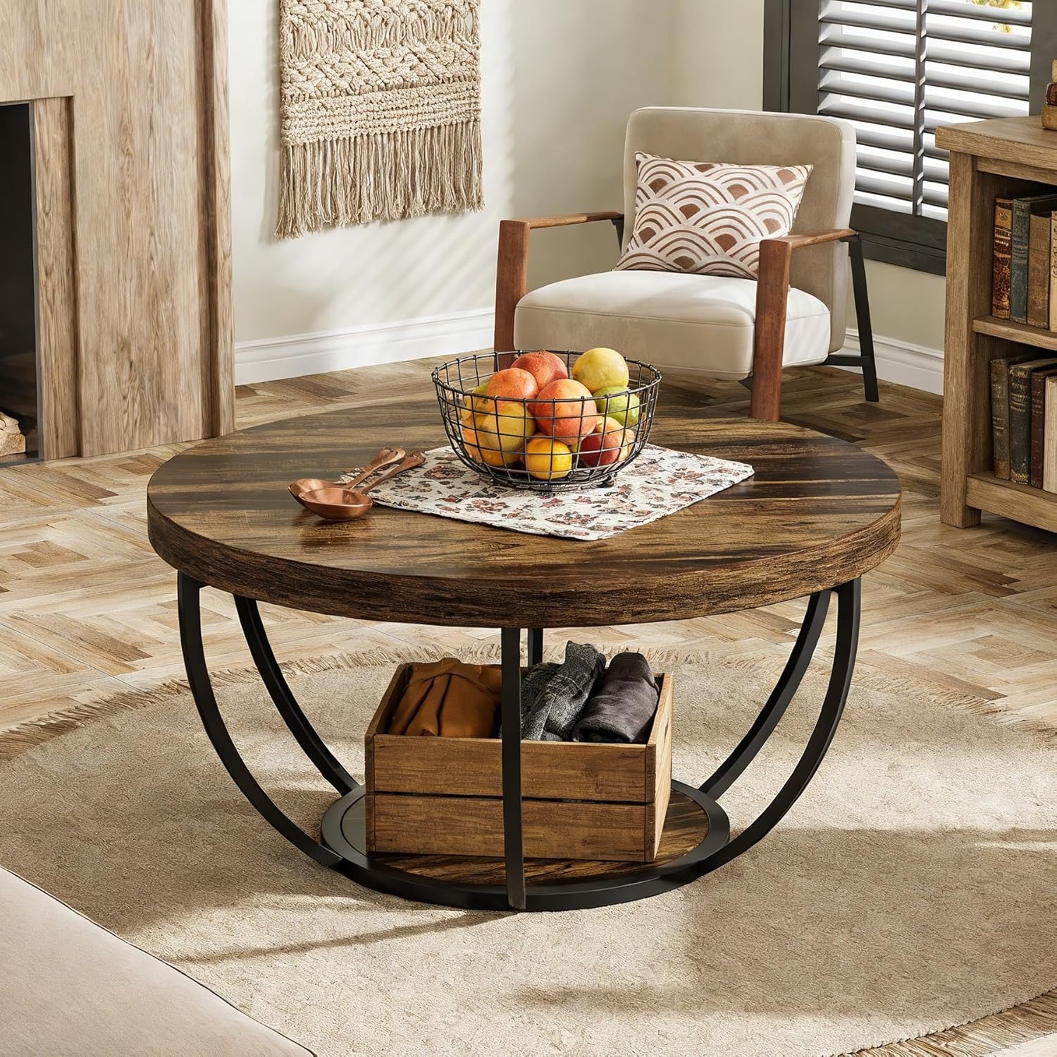 Image of Round Coffee Table, Farmhouse 32' Circle Coffee Table For Living Room, Modern 2-tier Wood Accent Center Table With Storage Open Shelves, Rustic Brown