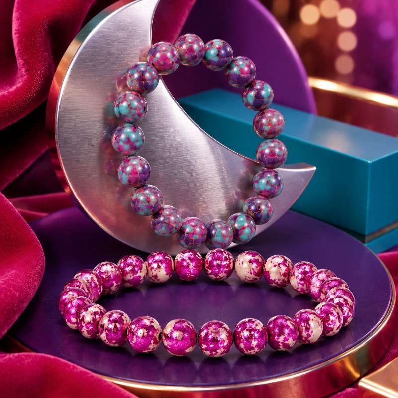 2pc Contrast Elastic Bead Bracelet Set, Purple & Teal