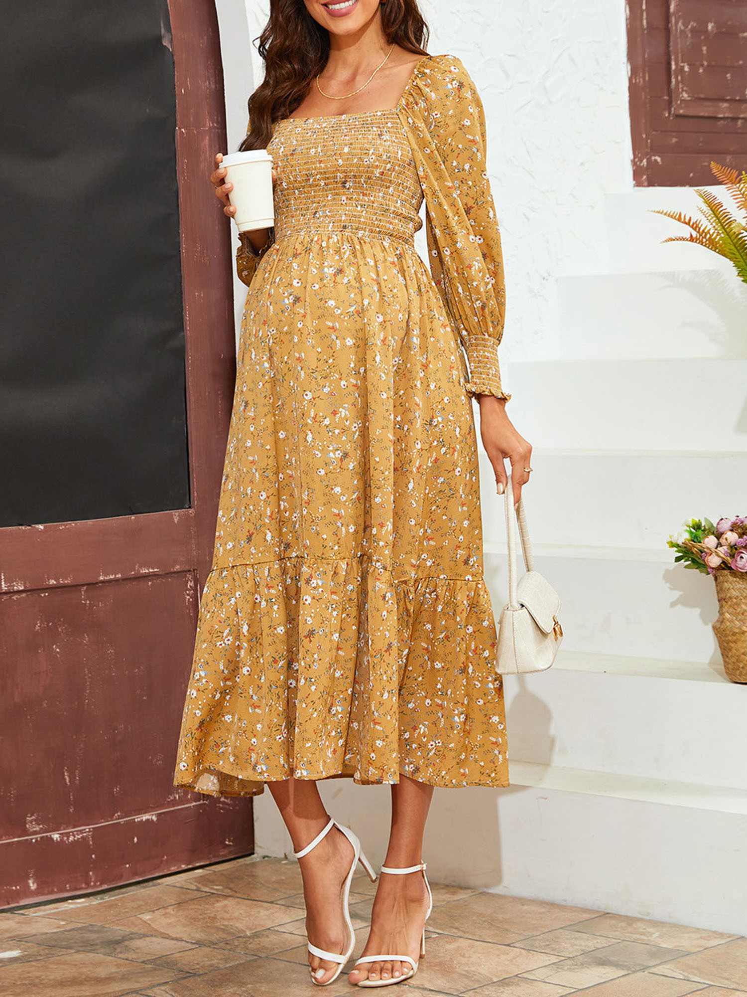 women maternity dress long sleeve shoulder dress floral - Temu