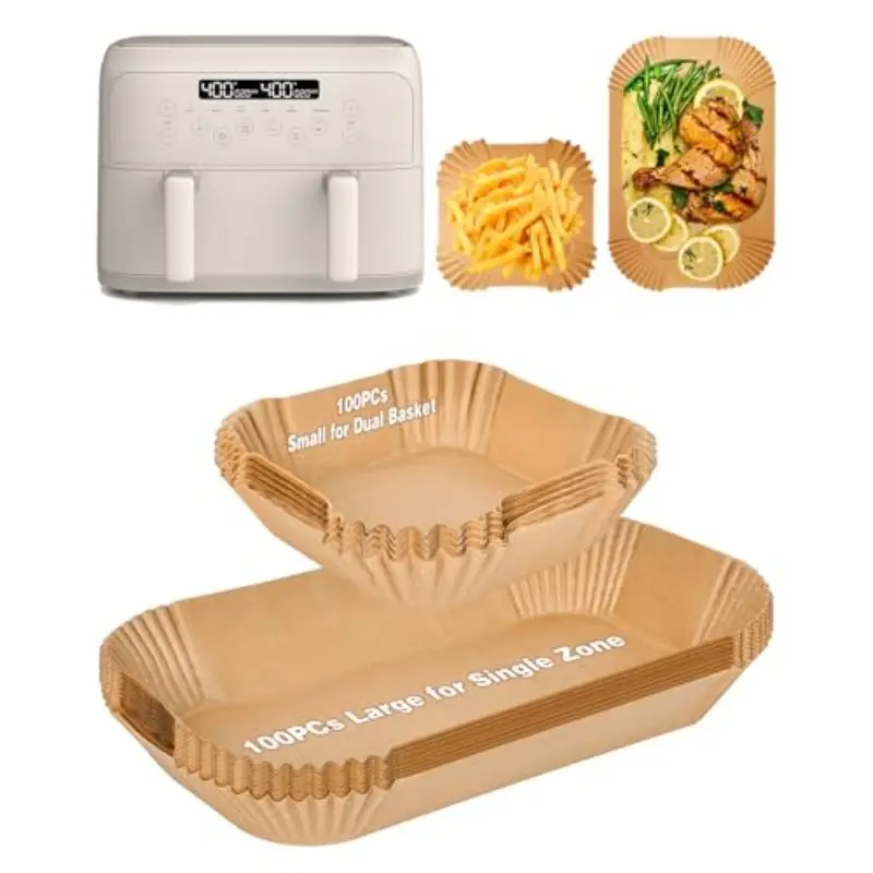 200pcs air fryer paper liners for bella 4 qt airfryer100pcs large for single zone 100pcs small for dual basket nonstick disposable parchment paper baking inserts accessories free of bleach Product details 0