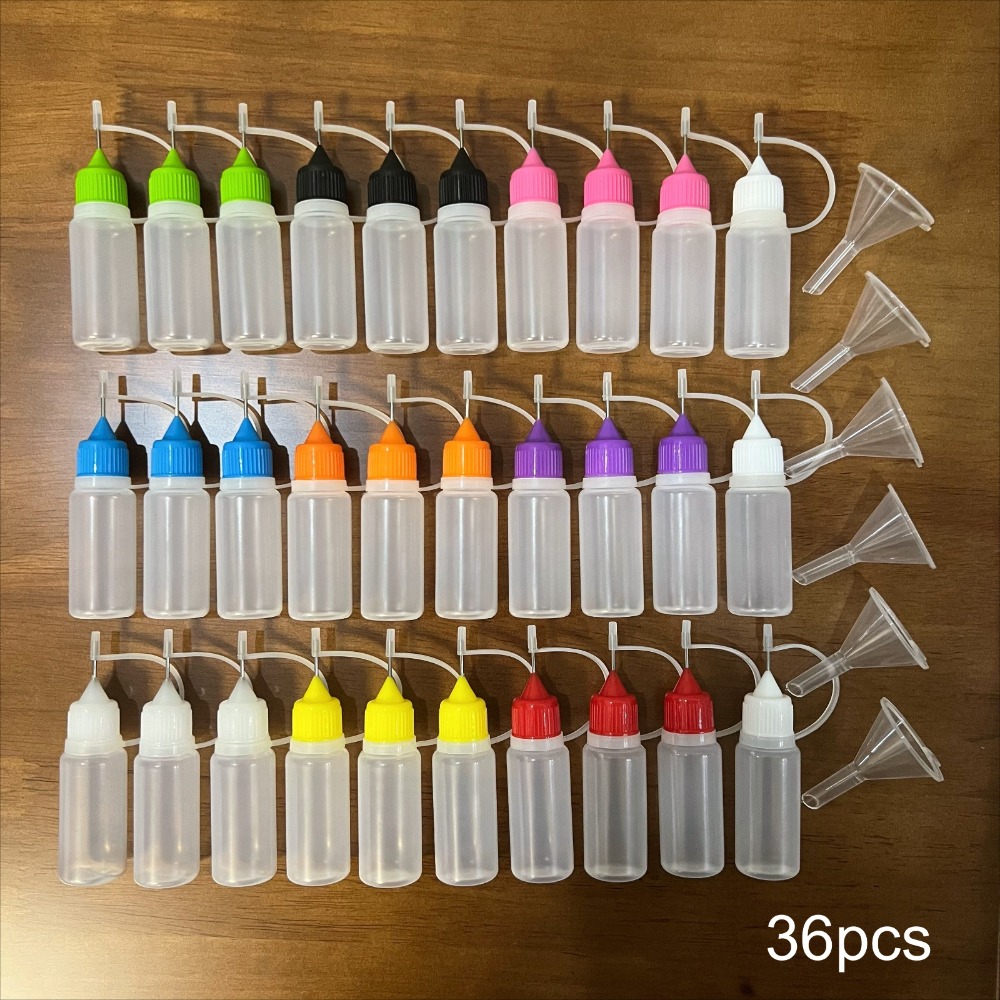 E-shop 12/36 Stück Präzisions-Nadel-Spitzen Kleber Applikator Flaschen mit Mini-Trichtern, geeignet für Bastelarbeiten, Malerei, Papierblumen und