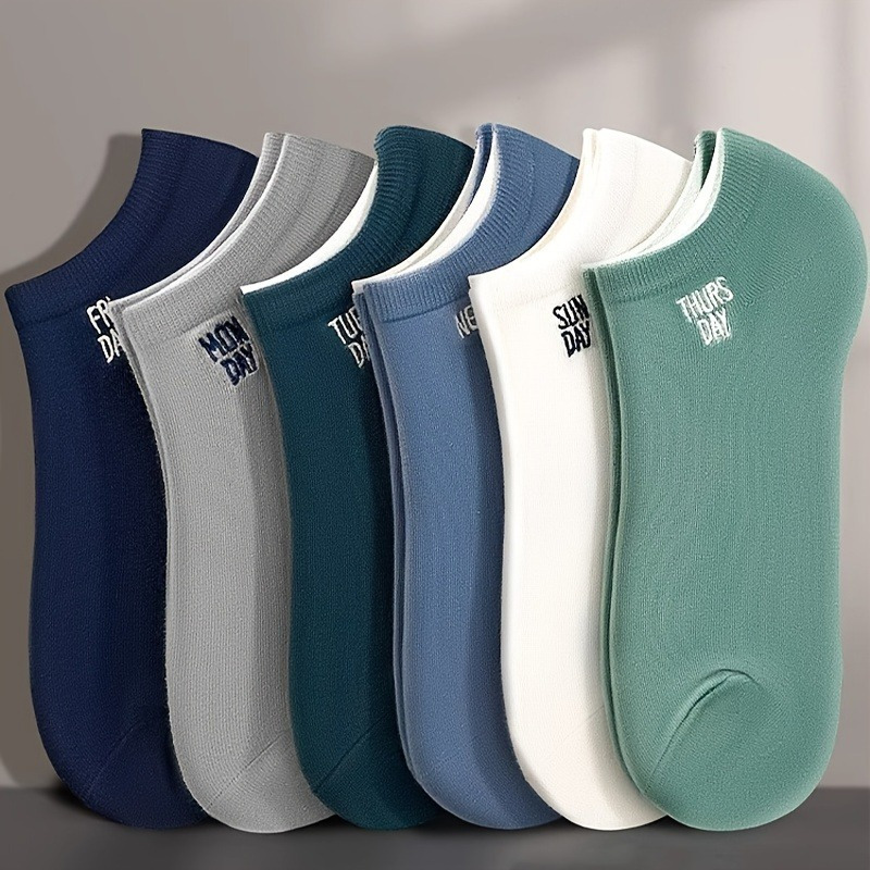 E-shop 6 Paar Atmungsaktive Unsichtbare Herrensocken mit "Sunday"-Aufdruck, in Mehreren Farben Erhältlich
