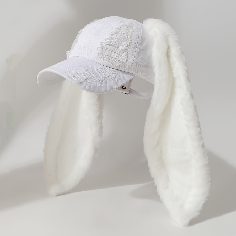TEMU Distressed Pink Baseball For Men And Women With Plush Rabbit Ears And Wide Brim - Made From Lightweight, Soft Washed Material, With Adjustable