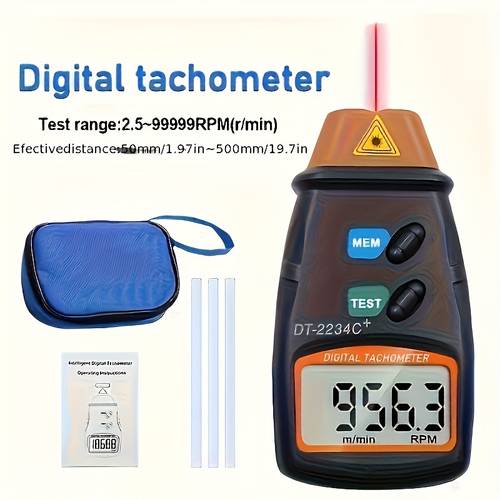 handheld digital tachometer non contact laser rpm gauge for wheels motors lathes 2 5 99 999 rpm range 0 01 battery operated batteries not included