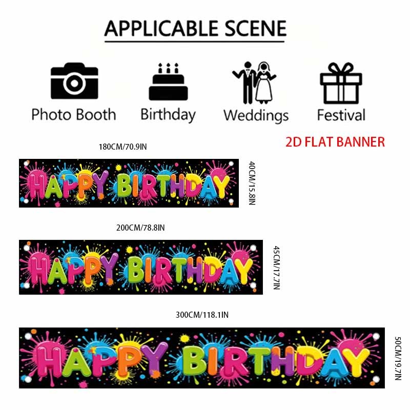TEMU Bannière plate bidimensionnelle : Bannière de fête à pour clôture " Anniversaire", motif d'éclaboussures d'encre colorées, décoration