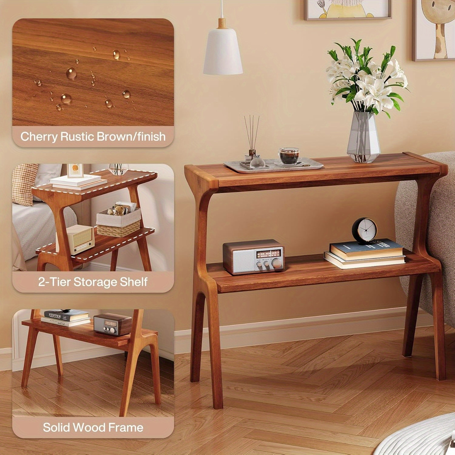 Solid Wood End Table with 2-Tier Storage Shelf
