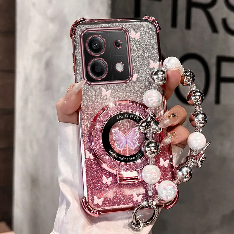 TEMU Phone Case: Luxury Pearl Wrist Strap Magnetic Glitter Phone Holder Case On For Xiaomi Redmi Note 13 4g Anti-knock Shock Proof Stand Back Cover