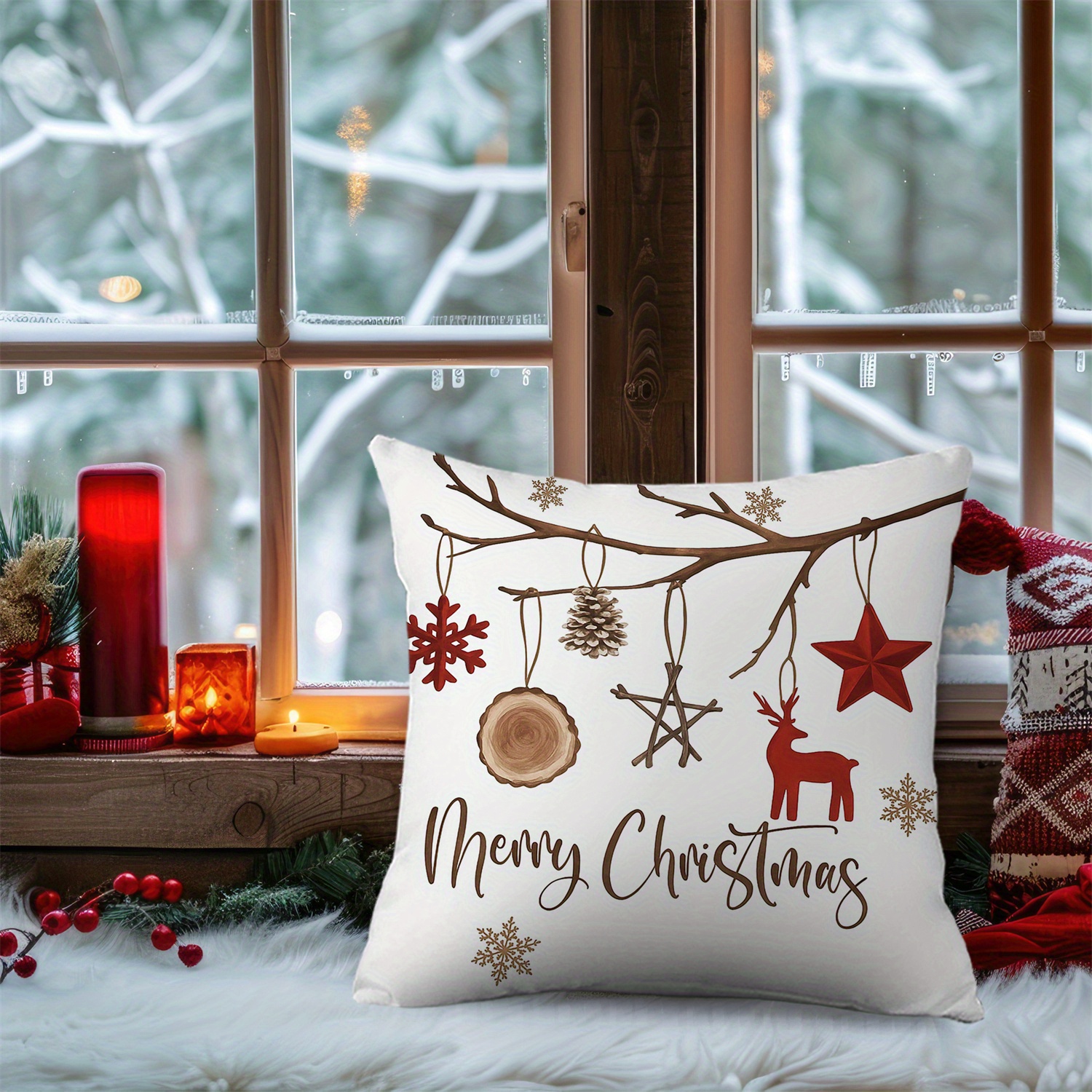 Merry Christmas Snowflake Red Reindeer Star Red Pine Tree Decorative Pillow Covers 4pcs Set Suitable for Family Gatherings Living Room Chair Sofa Decoration
