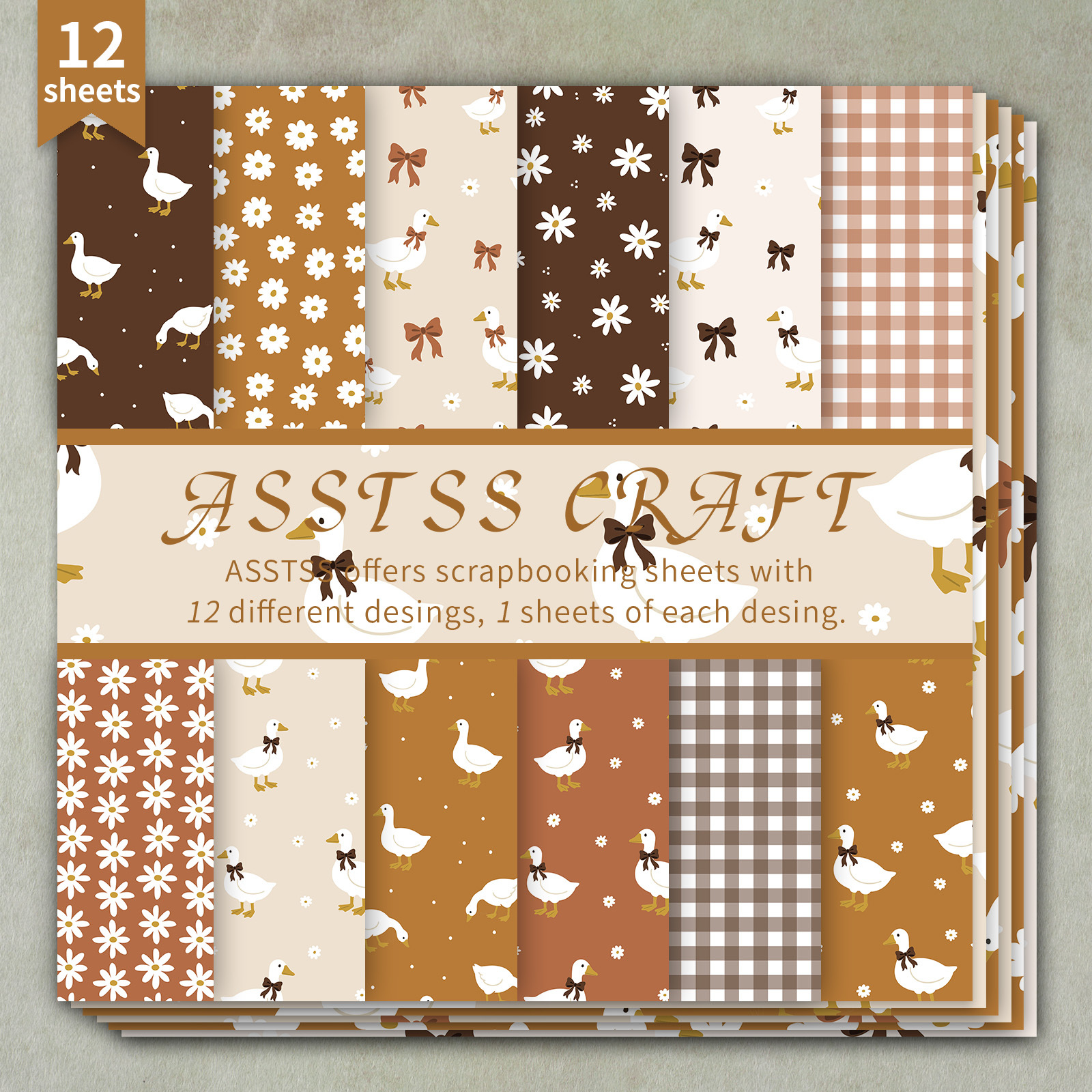 TEMU 12-sheet Asstss Inch Scrapbooking Paper Pad, - Goose Daisy Pastoral Fall Goose Cute Autumn Style Backing Paper Supplies, Heavyweight Cardstock