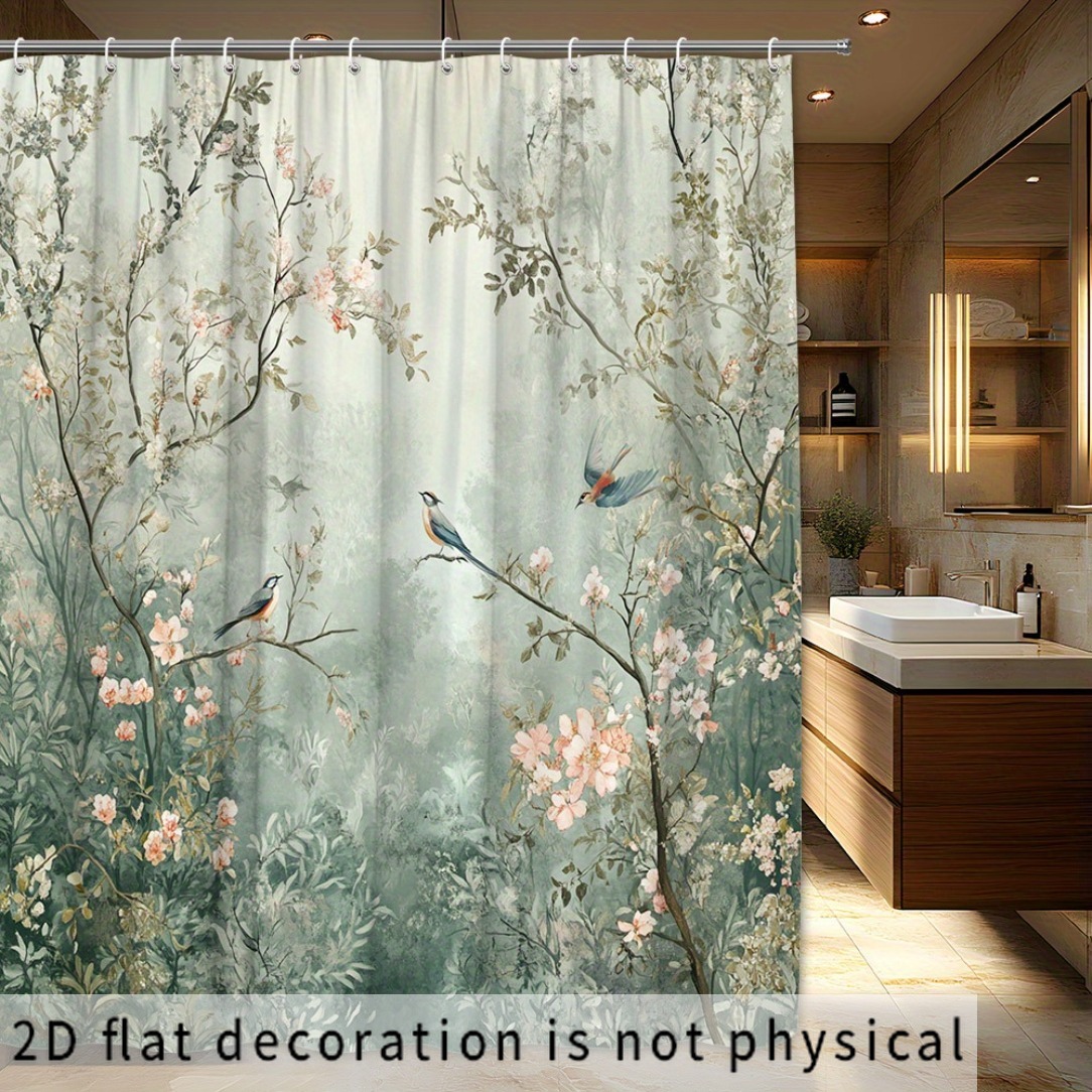 TEMU 2d Flat, 2d Curtain, 1pc, Forest Landscape With Pink Flowers And Birds ,, Includes 12 Hooks, Ethereal Bathroom Decor, Shower Privacy, Floral