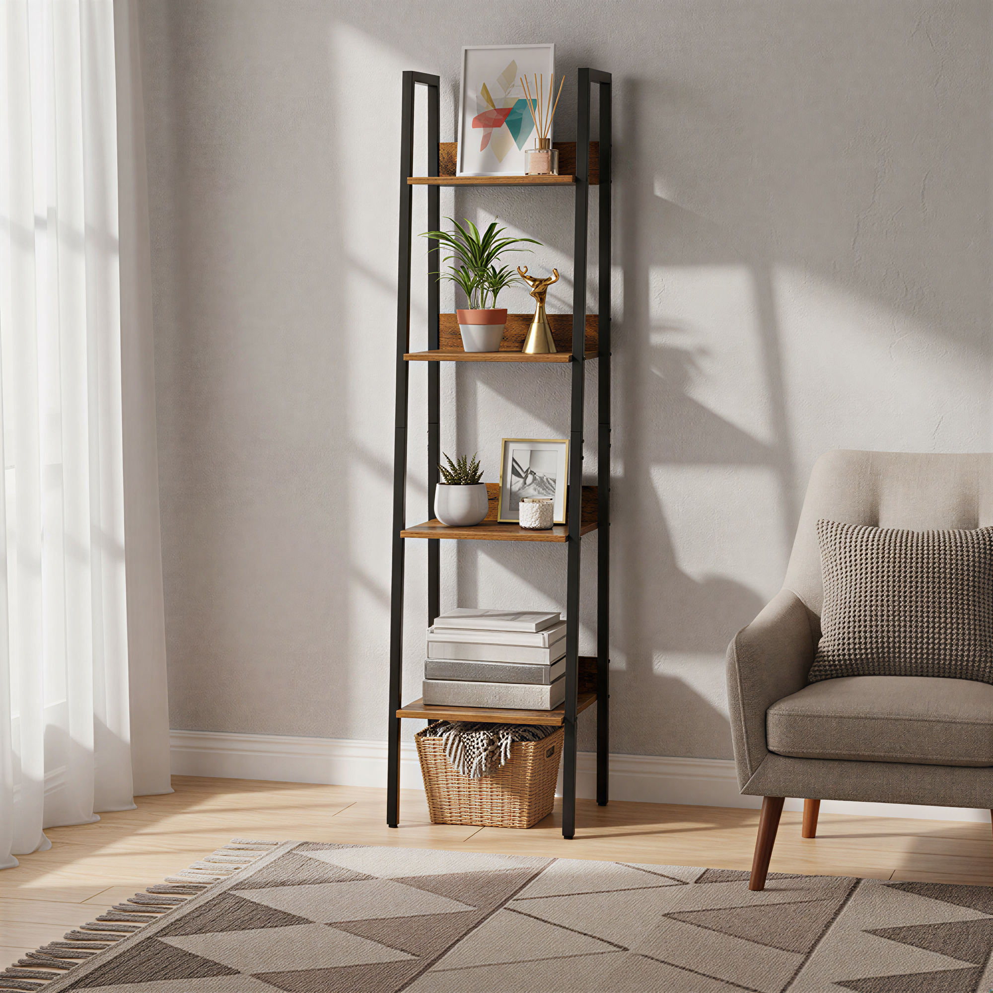 TEMU 4-tier Narrow Bookcase Shelf With Ladder - Heavy-duty Storage Shelf Suitable For Bedroom, Living Room, Home Office, Space-saving Shelf With ,