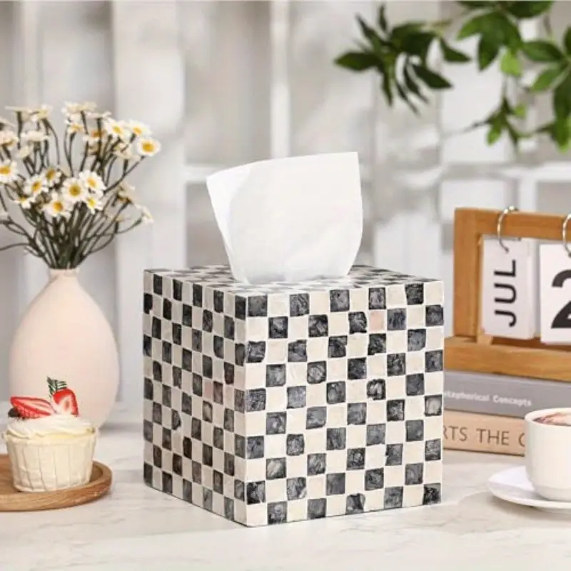 5 9 inch cube tissue box cover elegant black white checkerboard pattern large opening easy refill design fits standard 5 tissue boxes for bathroom living room office kitchen decor organizer acacia wood construction Product details 5