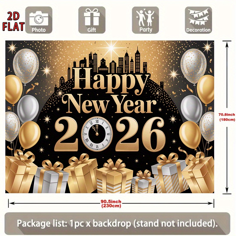 TEMU 2d Flat, 2d Flat Banner, 1pc Party Banner, 2026 Happy New Year And Fireworks Theme Background Happy New Year And Balloons , For Events, Birthday