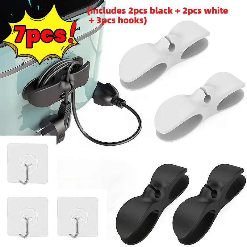 TEMU 7pcs Silicone Cable Wrappers And Clips (includes 4pcs Black And White Silicone Clips And 3pcs Hooks), Anti-slip Desktop Cable Organizers,