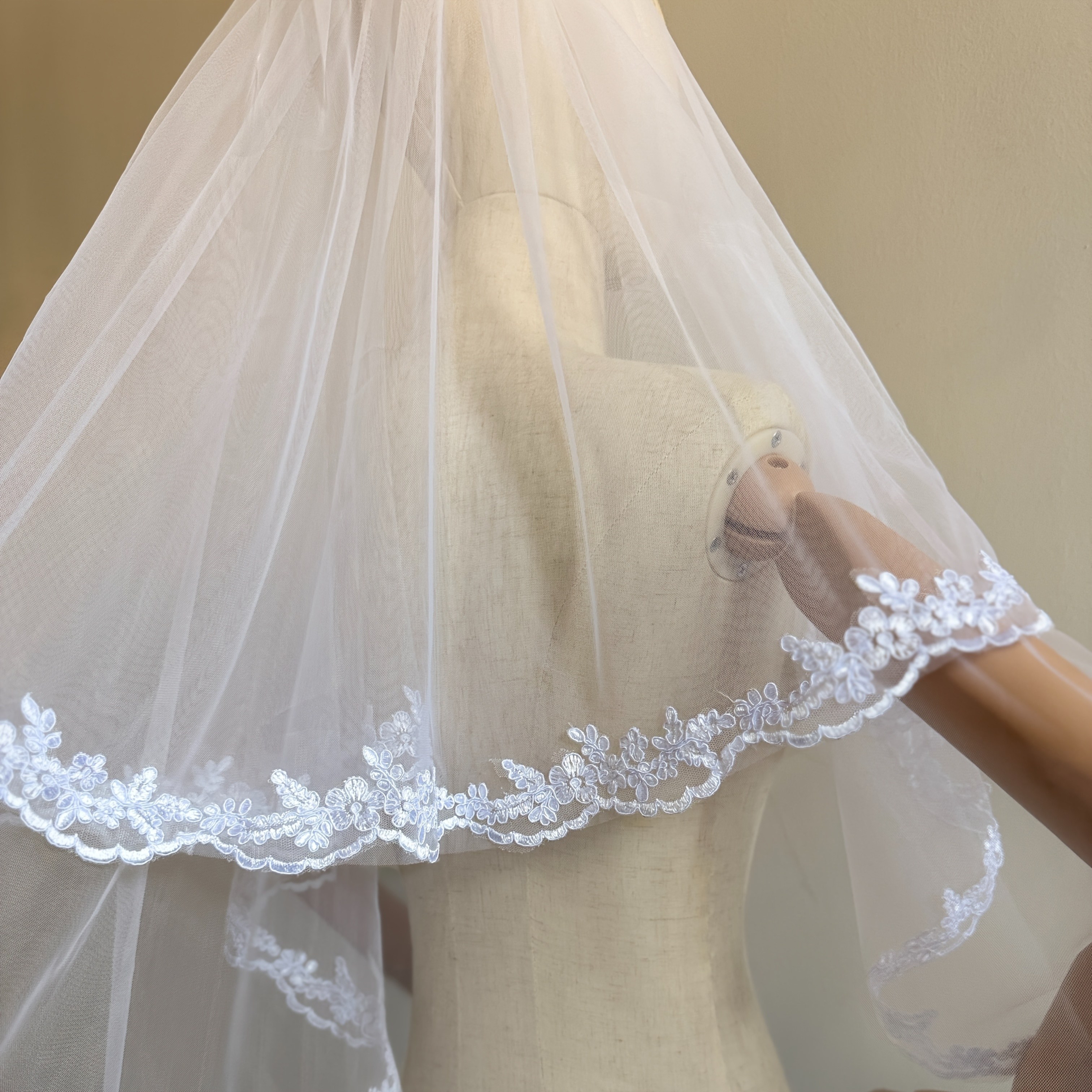 elegant double layer short veil bridal gown lace overlay