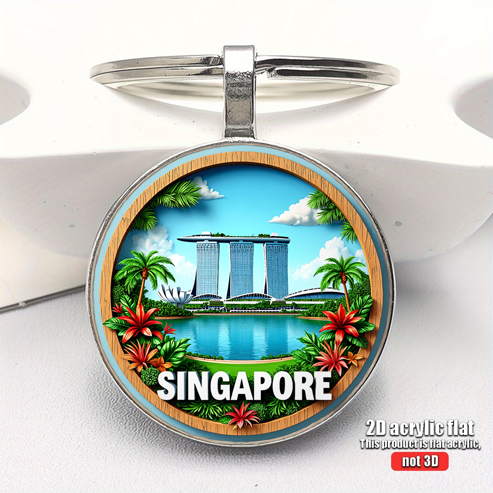 TEMU 2d Flat, 1pc 2d Flat, Singapore Hotel Themed Keychain, Tropical Illustration Design, Fusion Of Iconic Architecture And Natural Landscape,