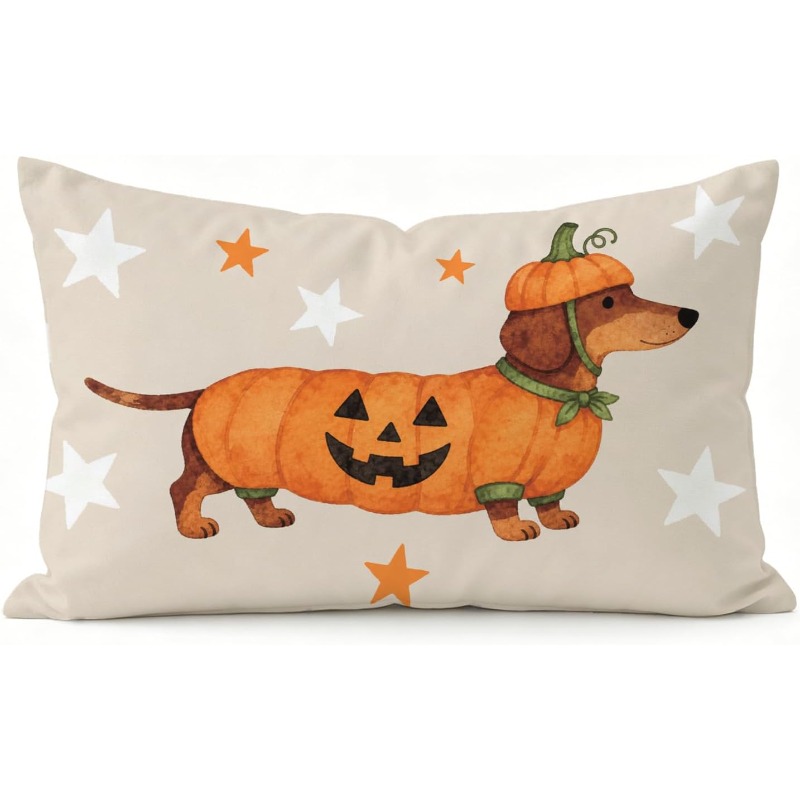 TEMU 1pc Funny Dachshund Pumpkin Halloween Throw Pillow Cover, Cute Dog Jack-o-lantern Costume Lumbar Pillow Case For Couch Sofa Bedroom, Dachshund