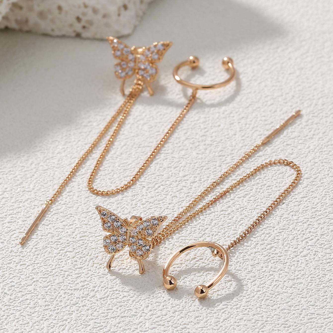 E-shop 2 Stück Schmetterling Kupfer Synthetischer Zirkonia Quasten Ohrclips Faden Ohrringe, Elegante Stecker Ohrringe für Damen,