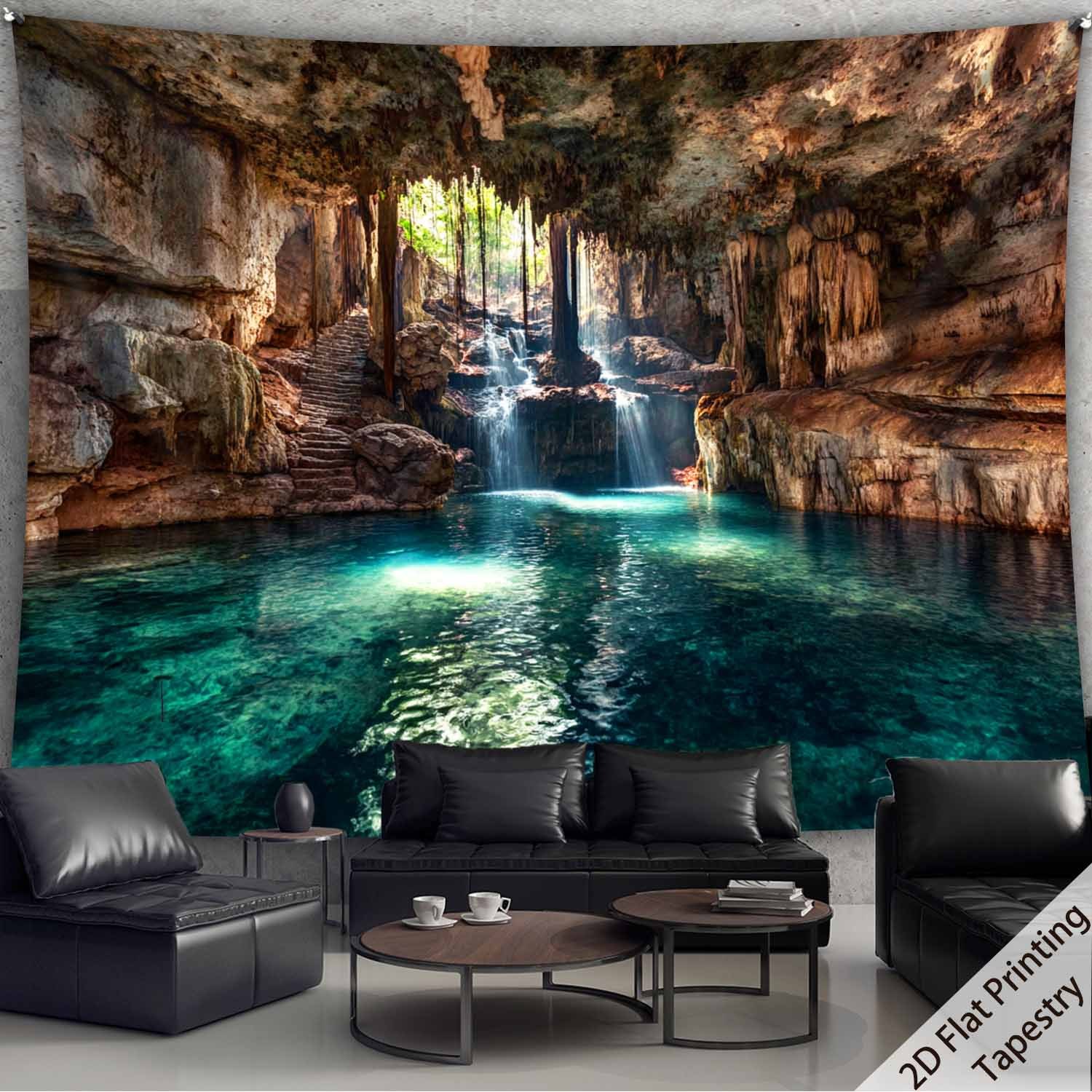 TEMU 2d Flat, 1pc Qd_vivios Large Horizontal Cave Waterfall Tapestry - Wide Wall Hanging Suitable For & Bedroom, Realistic Waterfall Landscape With