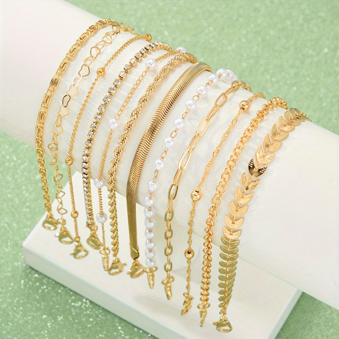 12pcs Golden Imitation Pearl Layered Chain Bracelet Set