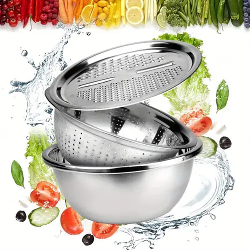 1pc stainless steel 3 in 1 multifunctional kitchen drain basket vegetable slicer grater and salad maker with cheese grater and ginger grater features