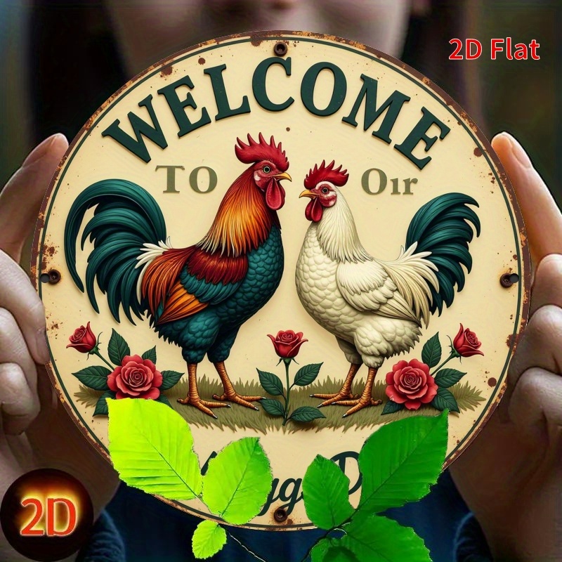 TEMU 2d Flat, 1pc Aluminium Welcome Sign With Fresh Hen & Eggs Design - Rustic Farmhouse Decor For Home, Office, Chicken Coop, Pet Shop, Or Outdoor