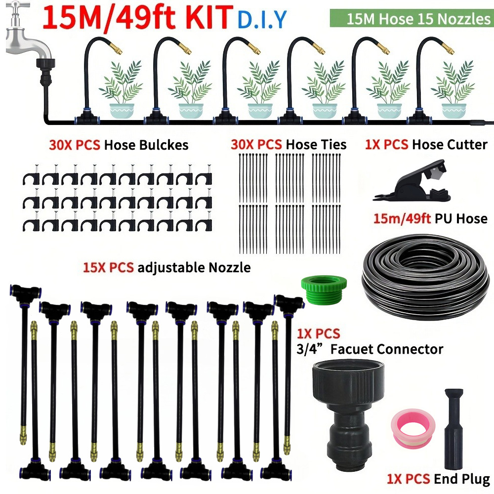 E-shop 5/10/15 m biegbares universelles Sprühset | für Gewächshaus, Garten, Blumen, Pflanzenbewässerung, Bewässerung, Terrasse, Zerstäubung, Kühlung,