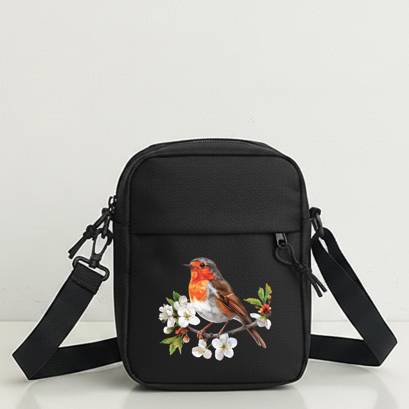 TEMU Spring Floral Robin Bird Trendy Crossbody Bags For Men - 2d Flat Printing - Detachable Shoulder Straps And Zipper Closure, Large Capacity For