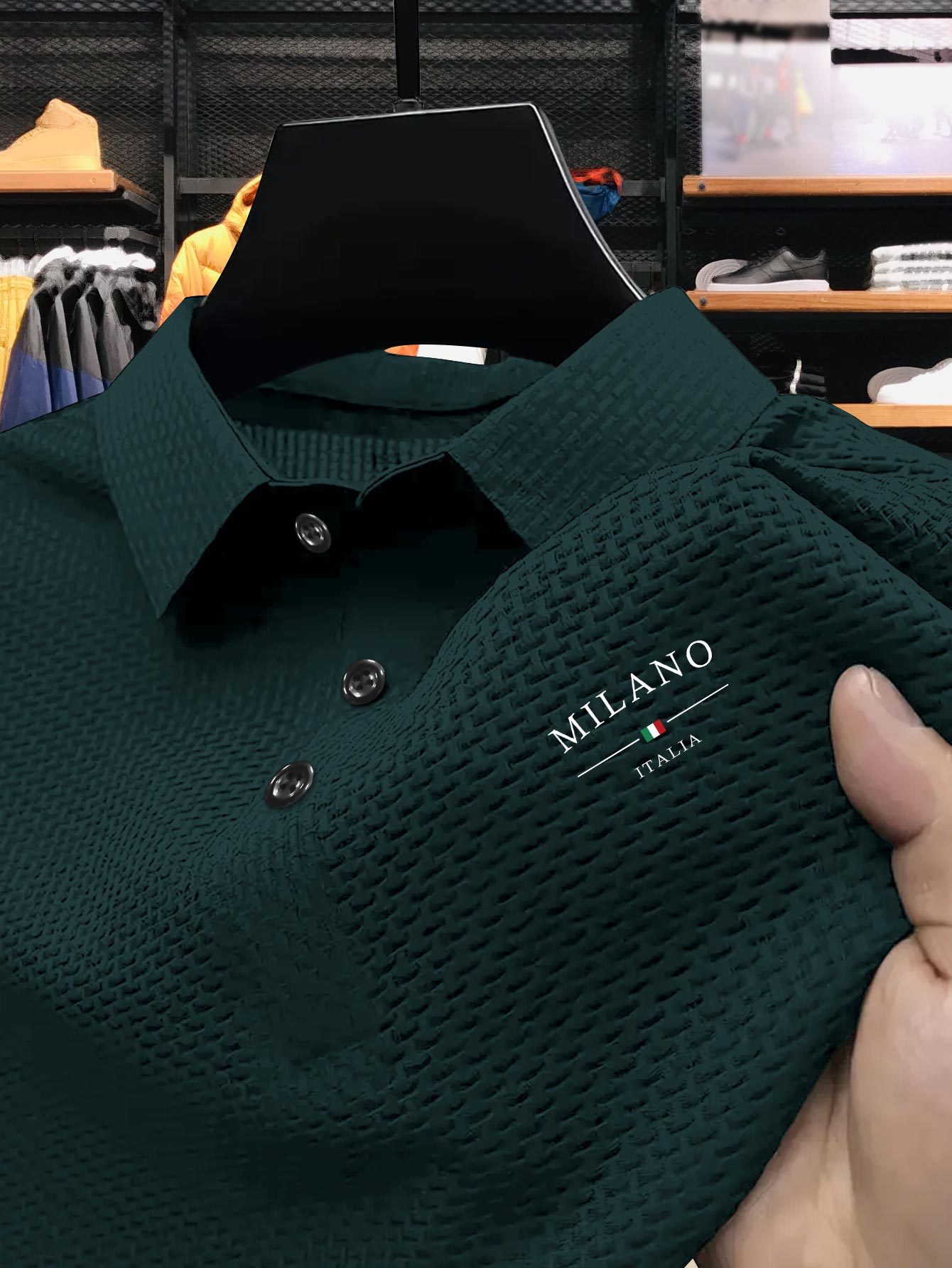 Men's Milan Print Short Sleeve Golf Shirt - Breathable, Stretch Fabric, Button- Collar, Lightweight Business Casual Style for Summer, Tennis & Golf Training