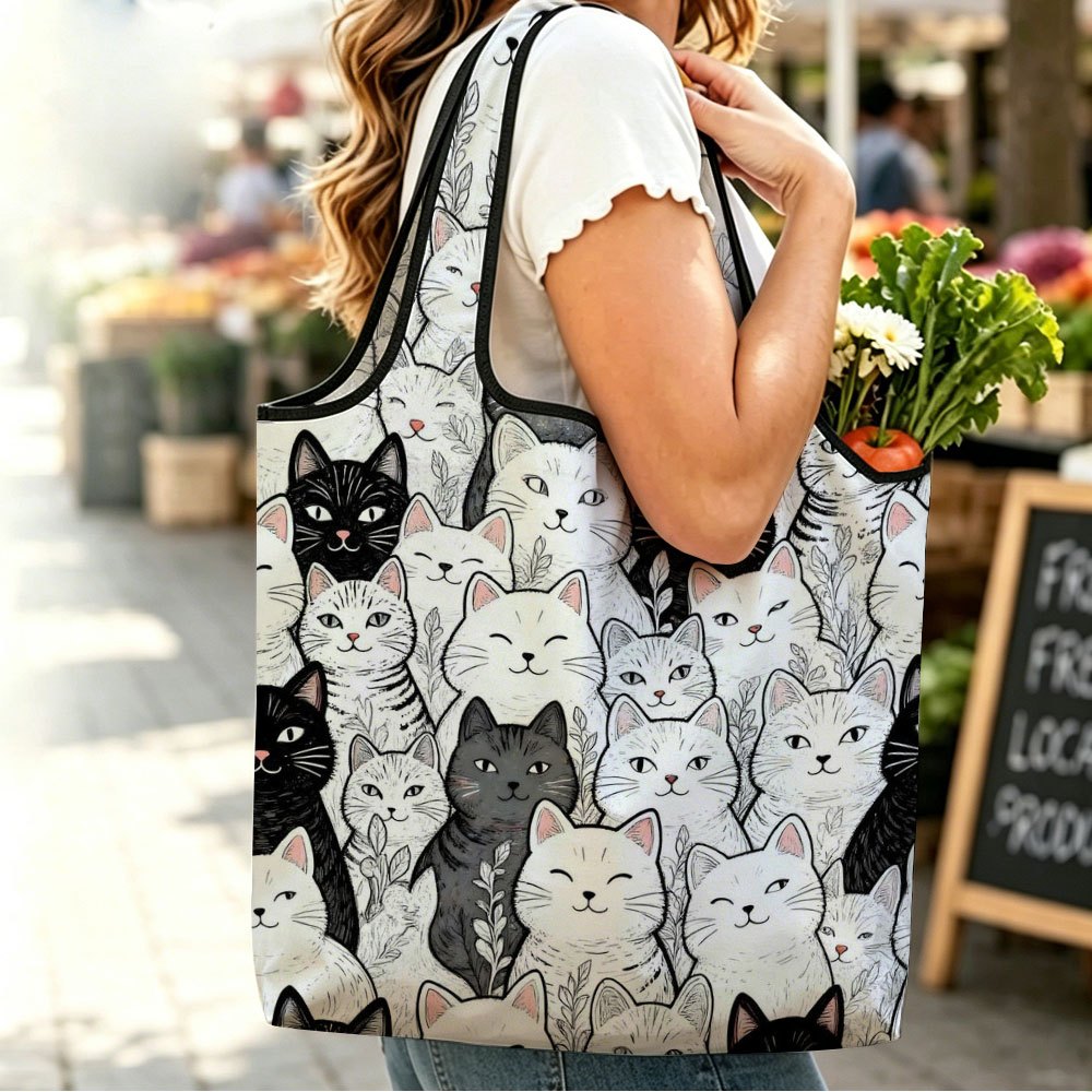 TEMU 2d Flat Reusable Shopping Bag With Multi-cat Pattern, Lightweight And Durable, Washable And Foldable Large Capacity Tote Bag With Storage Pouch,