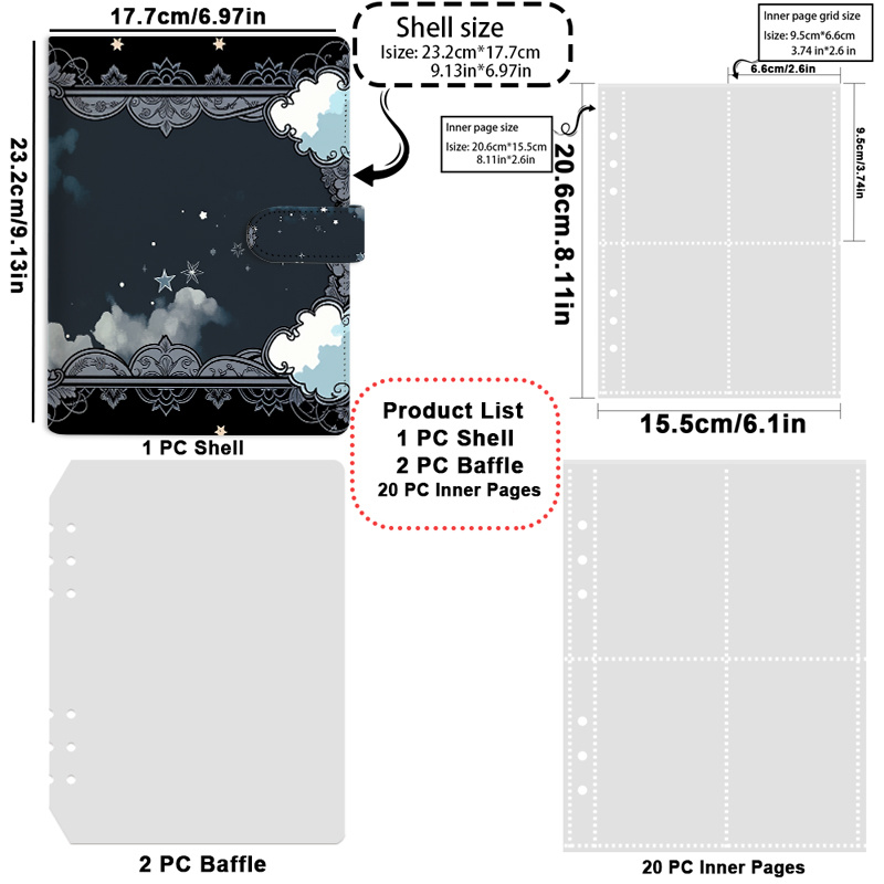 TEMU Night Sky Clouds Stars Frame Ornate Border Design Pattern, Pu Leather Material, A5 Size, Suitable For Binder Card Book Storage, Magnetic Buckle,