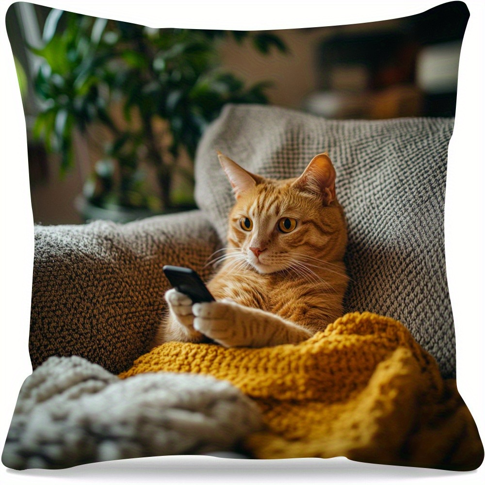 1pc vintage style throw pillow cover with adorable cat phone design durable polyester double sided print zipper closure machine washable ideal for living room sofa decor cat decor Product details 1