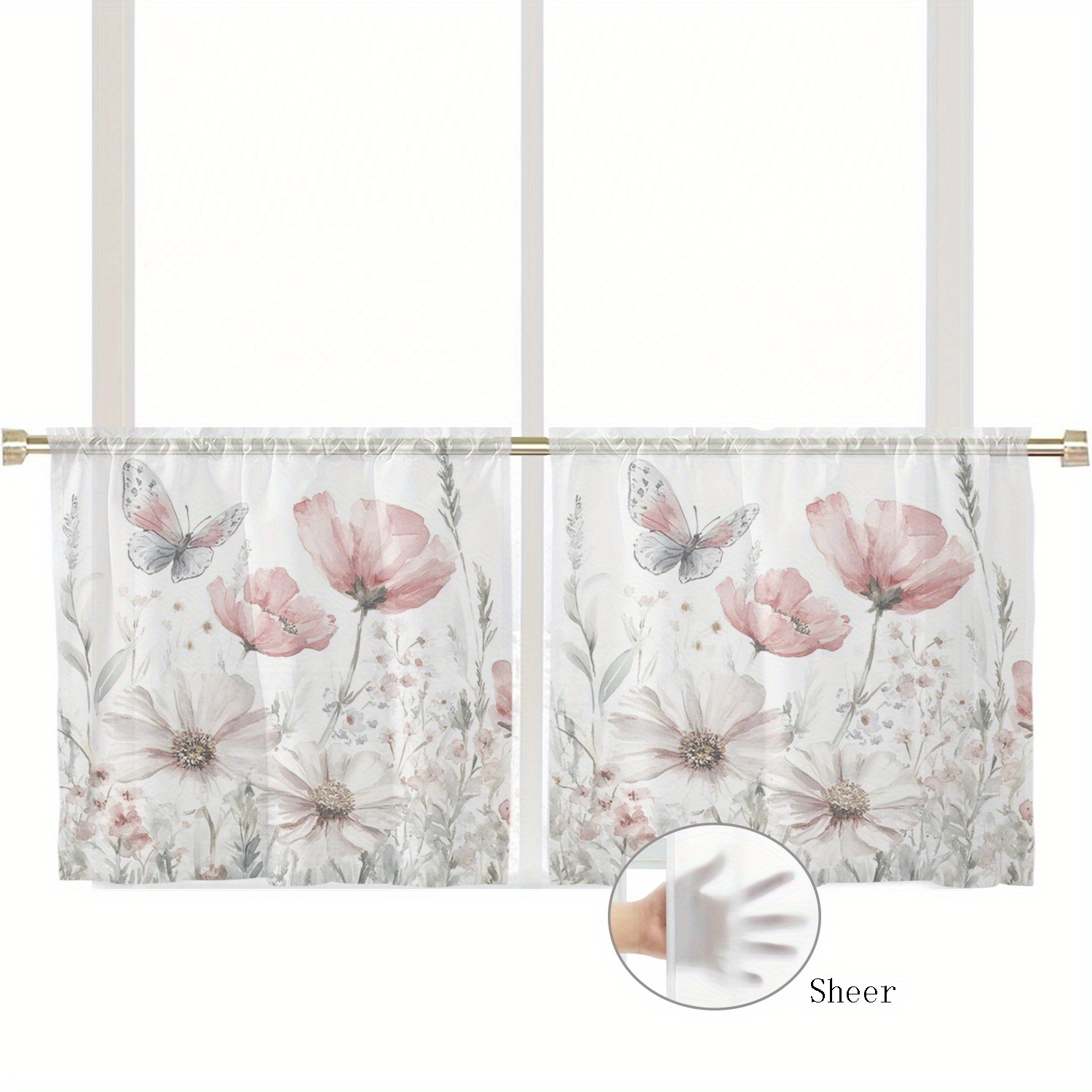 TEMU 2pcs Floral Easter Transparent Curtains Small Translucent Curtains Tulle Curtains Rod Pocket Transparent Curtains Window Decoration Living Room
