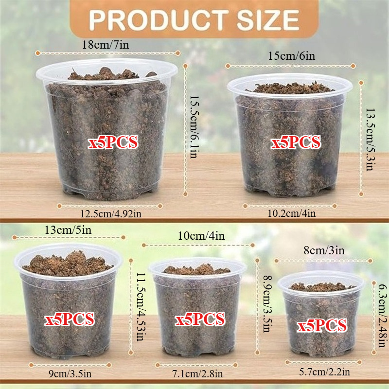 TEMU A Set Of 25pcs Transparent Plastic Plant Nursery Pots, 3/4/5/6/7-inch Durable Nursery Plant Pots With Drainage Holes, Reusable Seed Starter