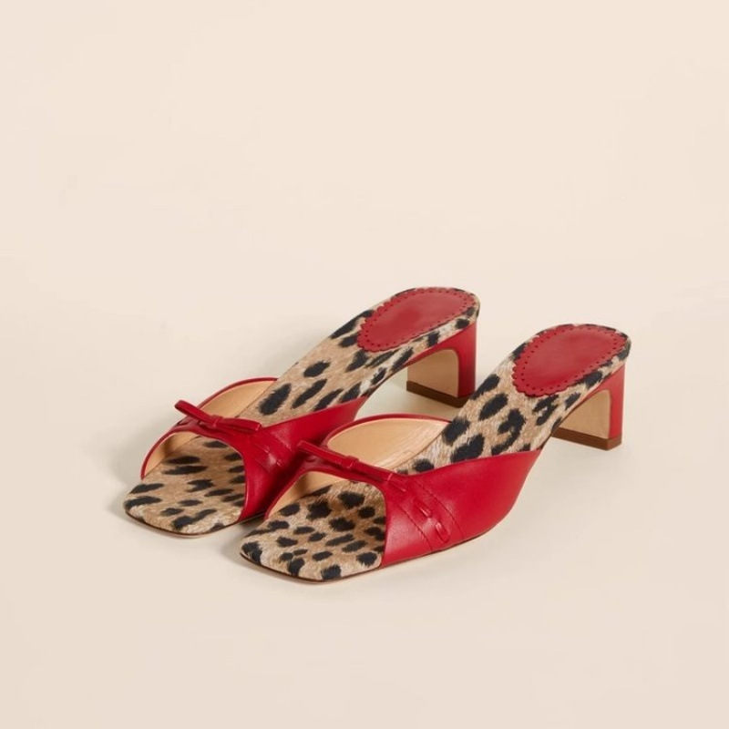 Image of European And American Square-toe Mid-heel Open-toe Slippers For Women, Retro Thick-heel Mules With One-strap Bow Open-toe Slippers For Women, Women Shoes
