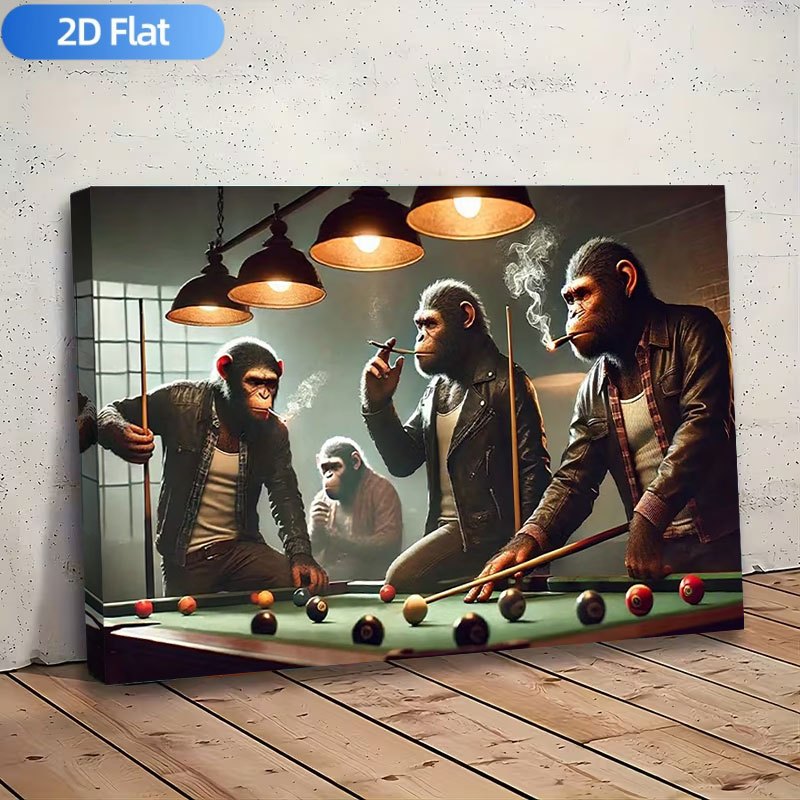 TEMU 2d Flat, 1pc, Wood-framed Canvas Poster, Playing Billiards Ape Canvas Art, Modern Poster Canvas Painting For Living Room, Bedroom, Office, Cafe