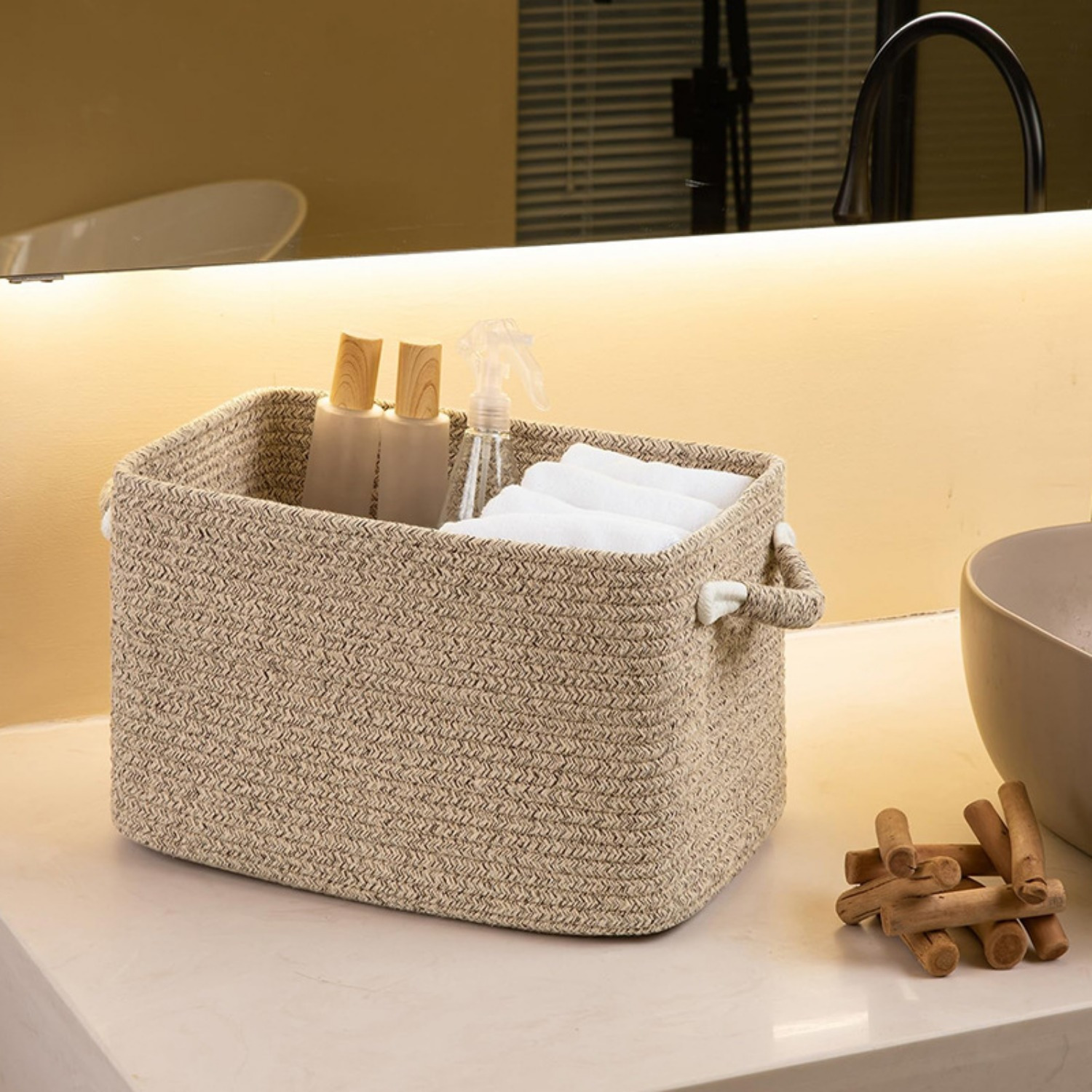 2pcs Cotton Rope Baskets (37.34cmL X 24.89cmW X 22.35cmH), Woven Storage Baskets, Rectangular Storage Basket with Handles, High Rim, Shelves Storage Baskets, Home Decor|Clothes Storage|Room Storage, 2-Pack, Shelf Baskets