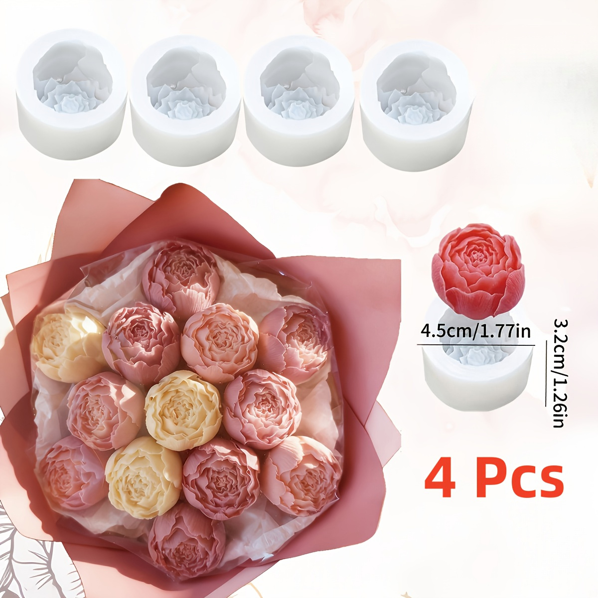 TEMU Set Of 4 Realistic Rose Silicone Molds- Premium-grade Silicone With Intricate Petal, & Leaf Details. Perfect For Candles, Soap, Resin, Clay