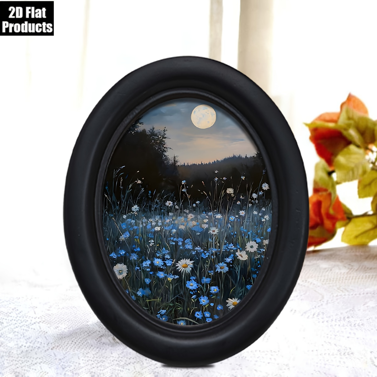 TEMU 2d Flat, 2d Flat Artwork, 1pc Oval Wooden Frame With A Night Scene, Specifically Designed For Wall Display. This Victorian-style Art Piece Is