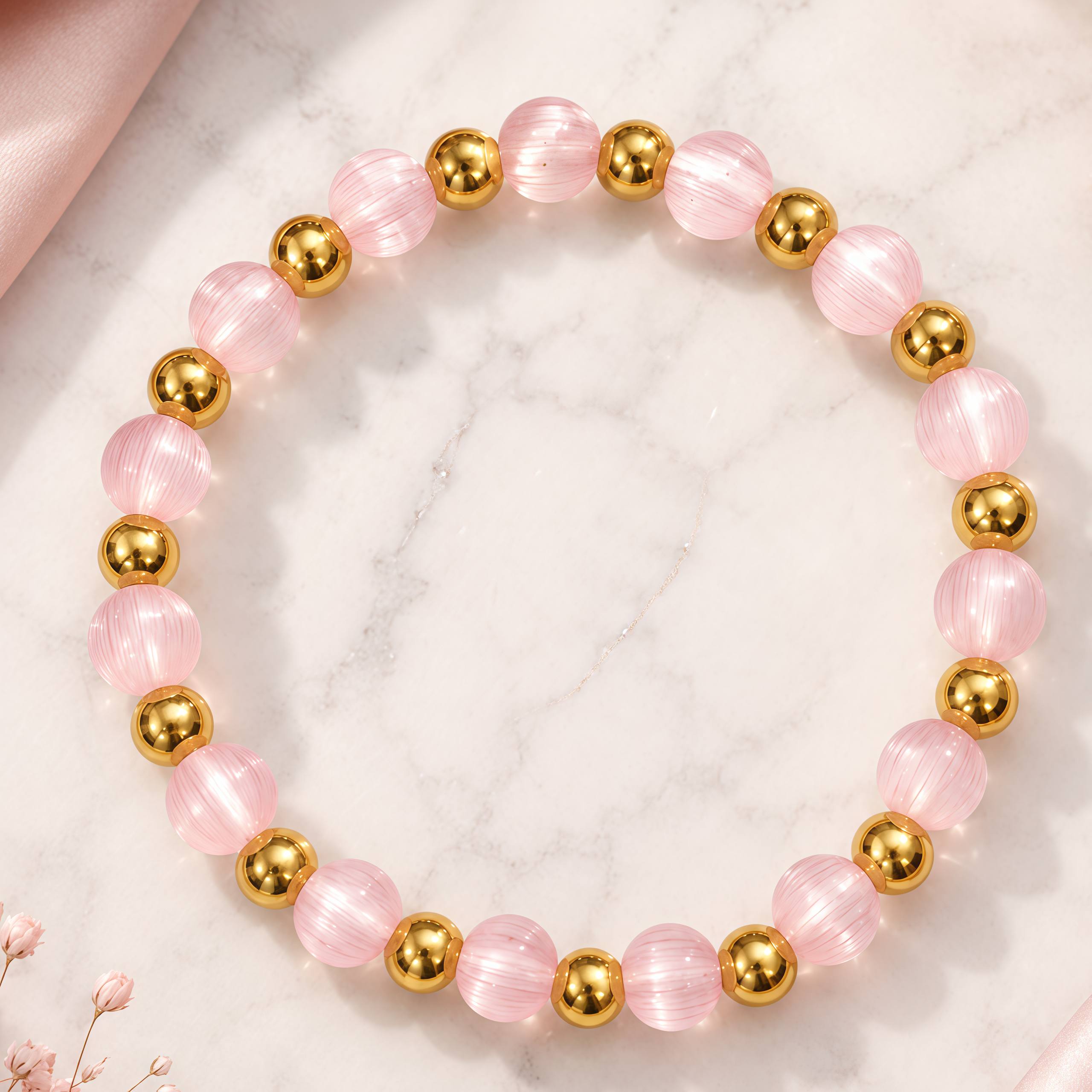 Women's Pink Cat's Eye Stone Bracelet with Acrylic Beads