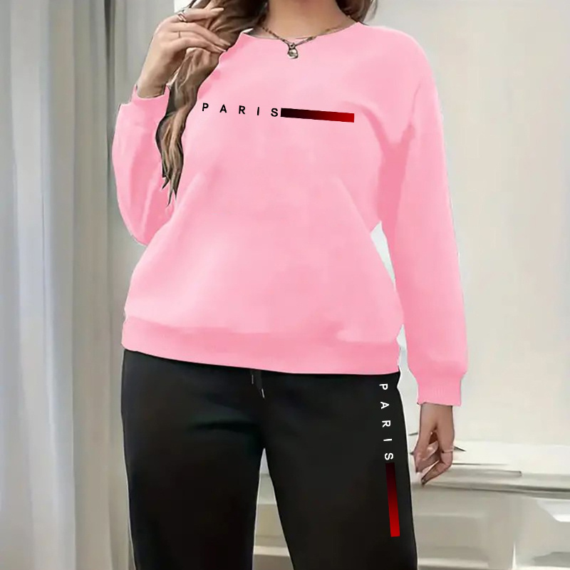 

Large Size Women's 2pcs Set, Paris Letter Pattern Printed Round Neck Long Sleeve Sweatshirt And Pants Casual Sports Suit, Women' Wear And Clothing