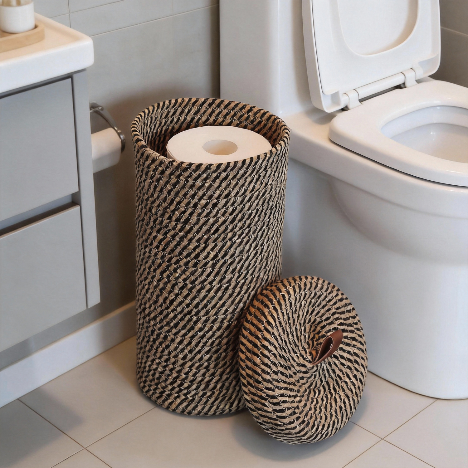 TEMU Handgefertigter Toilettenpapierhalter/Korb - Gewebter Toilettenpapierständer und Aufbewahrungskorb mit Deckel, freistehender Organizer für